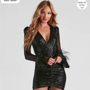 Windsor black, feather trim sequin bodycon mini dress